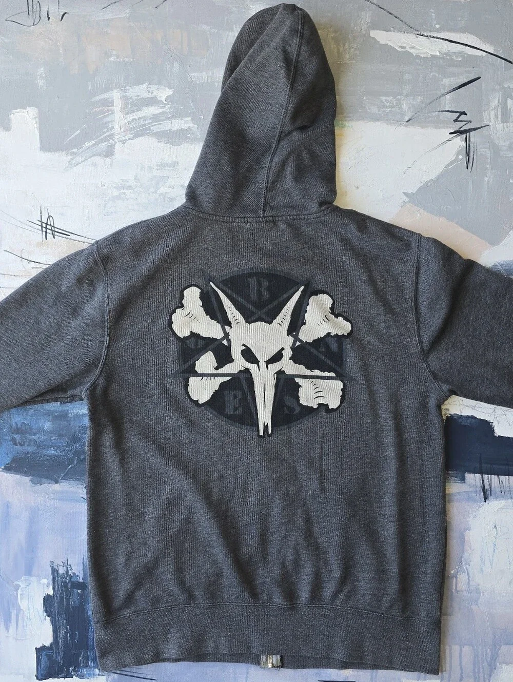 Vintage Y2K BONES Full Zip gray Hoodie Sz L No Drawstring